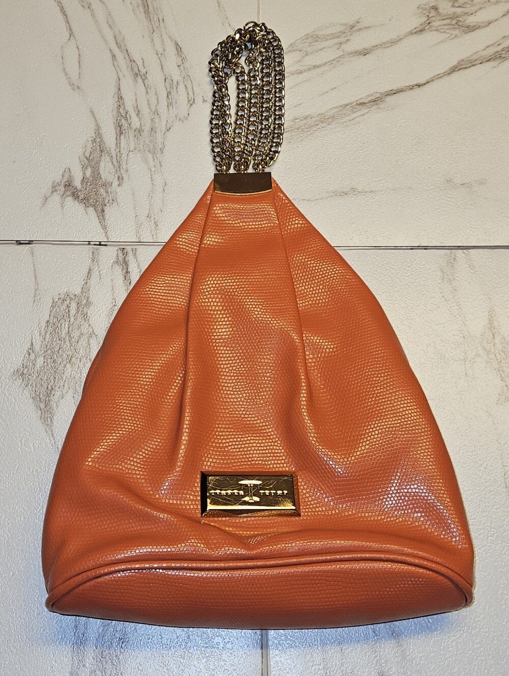 Ivanka Trump Hobo Styled Bag Orange Lizard Embossed Faux Leather w/Gold Chain